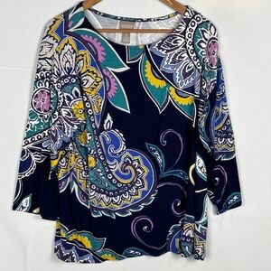 Chico's Womens ¾ Sleeve Paisley T Shirt Sz 2 = US L Boho Office Comfort Bohemian